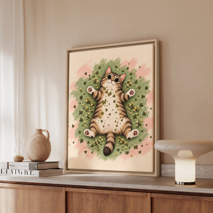 Catnip Aftermath – Funny Cat Art with a Sprawl and Dinner Plate Pupils – Canvas / Framed Canvas