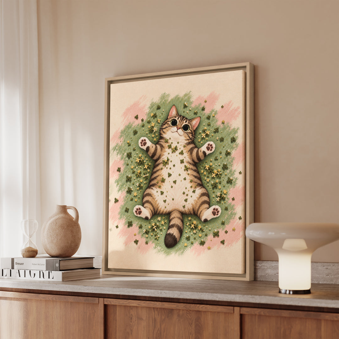 Catnip Aftermath – Funny Cat Art with a Sprawl and Dinner Plate Pupils – Framed Canvas Wall Art