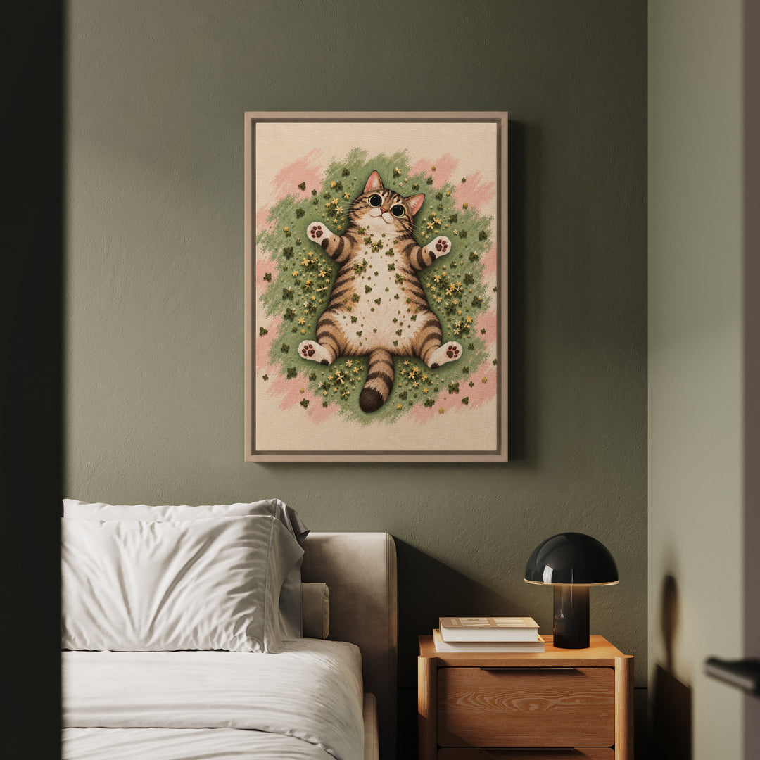 Catnip Aftermath – Funny Cat Art with a Sprawl and Dinner Plate Pupils – Canvas / Framed Canvas