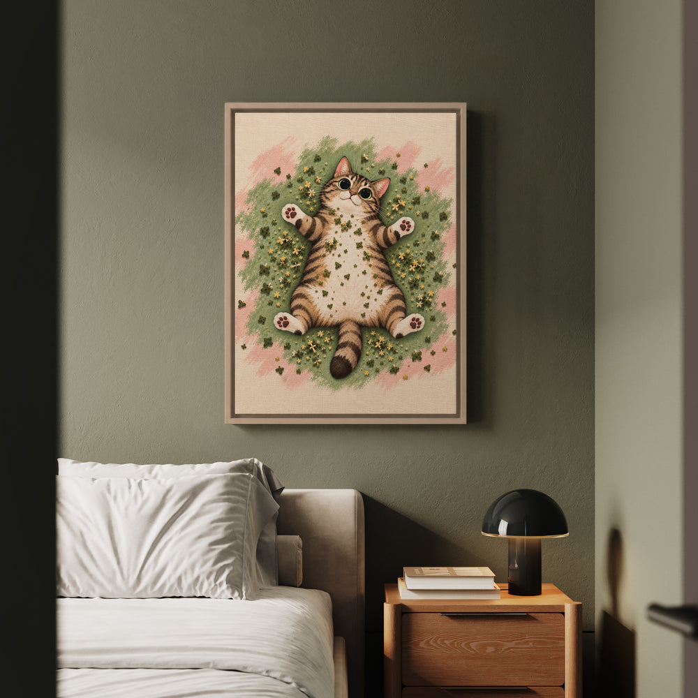 Catnip Aftermath – Funny Cat Art with a Sprawl and Dinner Plate Pupils – Framed Canvas Wall Art