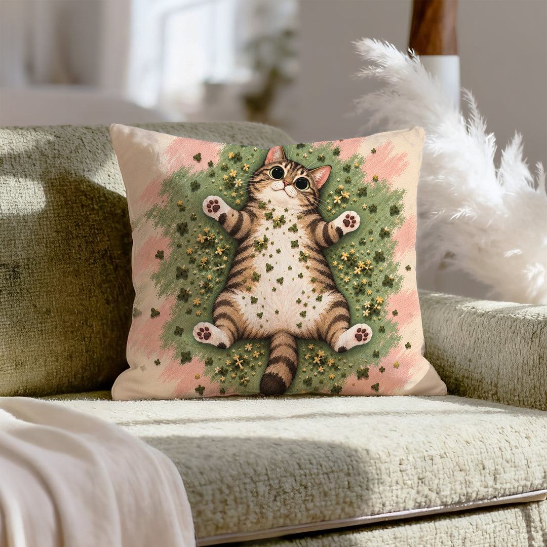 Catnip Aftermath – Funny Cat Decor with a Sprawl and Dinner Plate Pupils – Pillow Cover