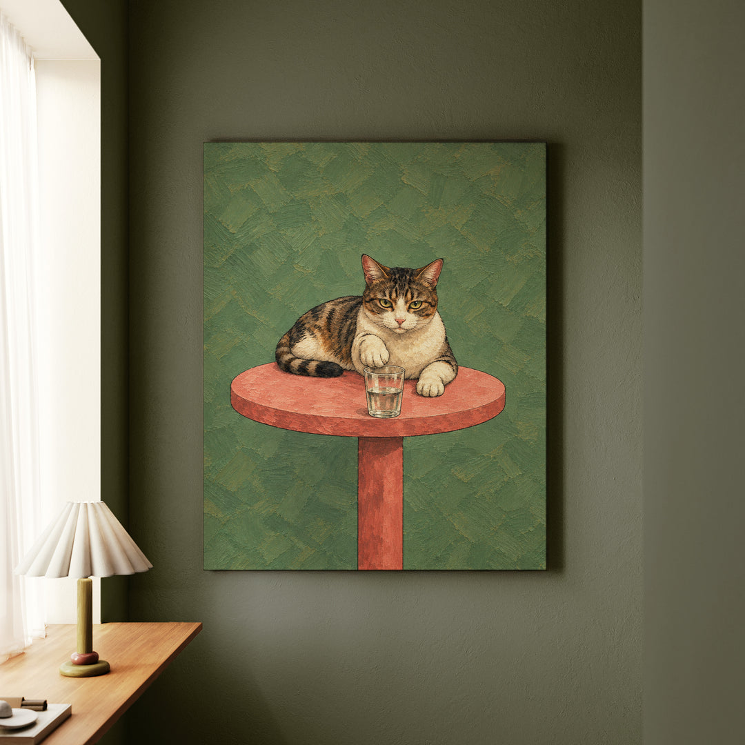The Gravity Test – Funny Cat Art with a Paw Above the Table Edge – Canvas / Framed Canvas