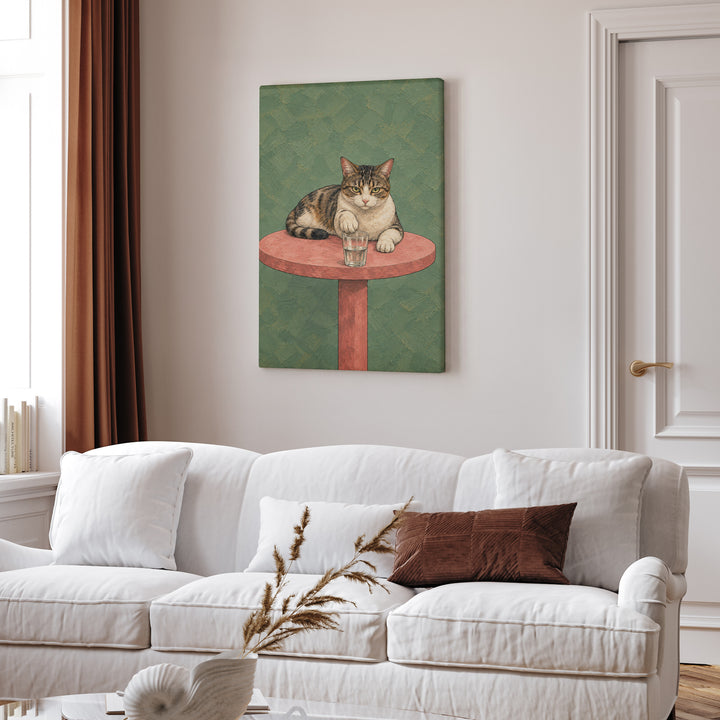 The Gravity Test – Funny Cat Art with a Paw Above the Table Edge – Canvas / Framed Canvas