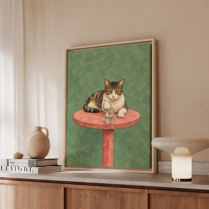 The Gravity Test – Funny Cat Art with a Paw Above the Table Edge – Canvas / Framed Canvas