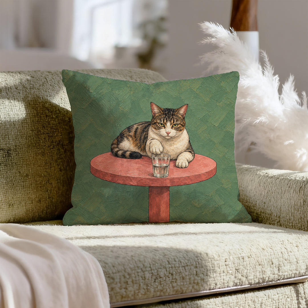 The Gravity Test – Funny Cat Decor with a Paw Above the Table Edge – Throw Pillow