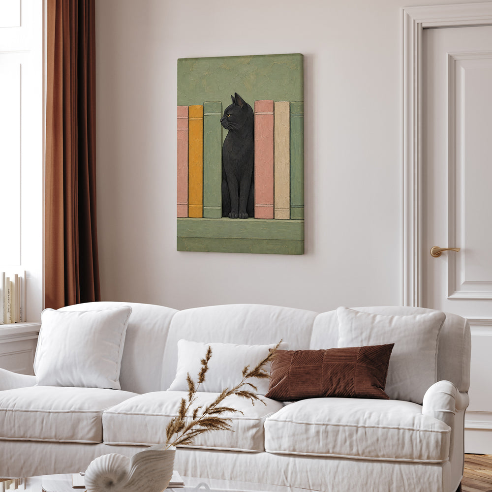 Bookshelf Tenant – Cat Painting with a Shelf Gap Where Tolstoy Lived – Canvas Wall Art