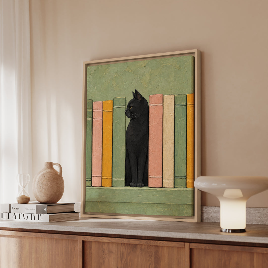 Bookshelf Tenant – Cat Painting with a Shelf Gap Where Tolstoy Lived – Framed Canvas Wall Art
