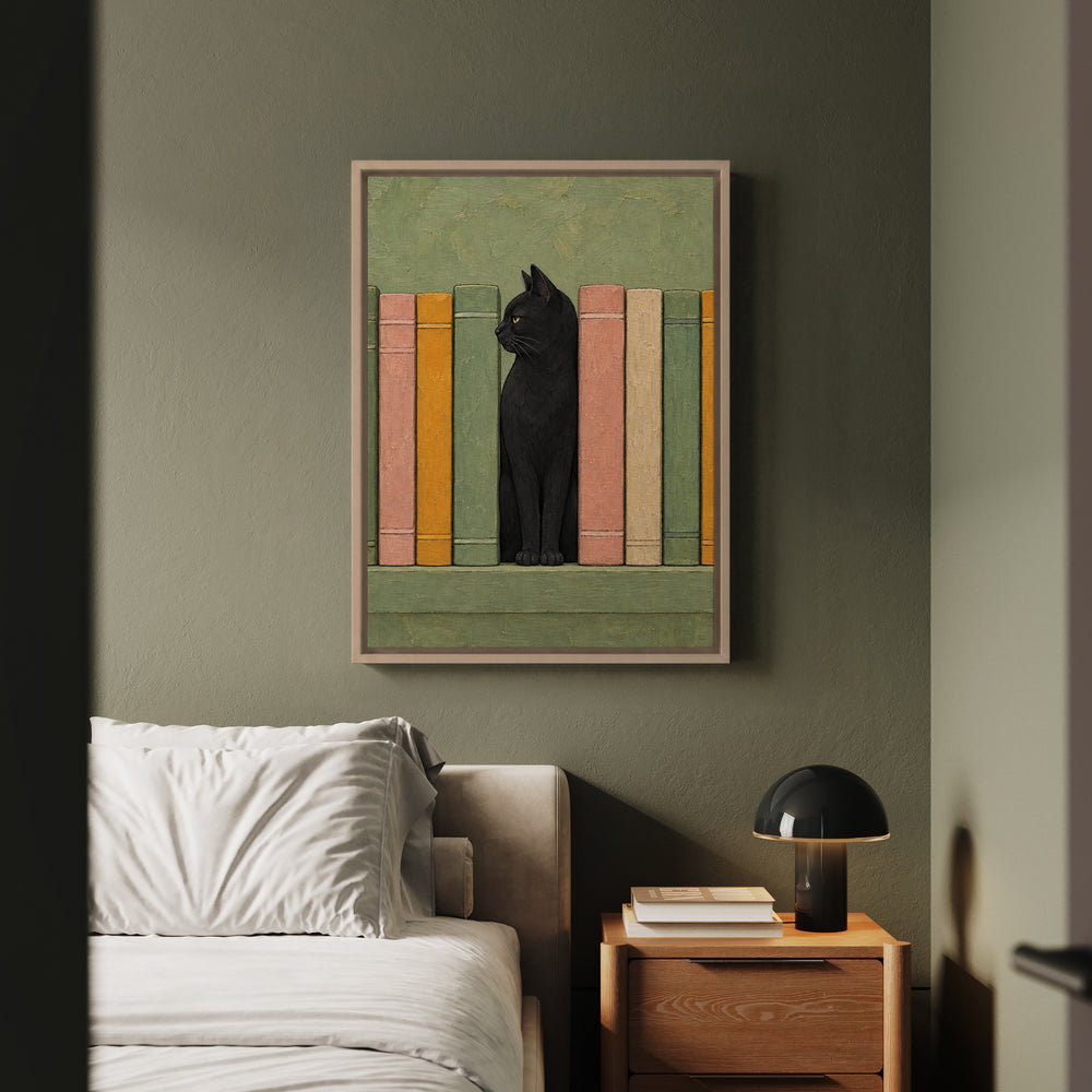 Bookshelf Tenant – Cat Painting with a Shelf Gap Where Tolstoy Lived – Framed Canvas Wall Art