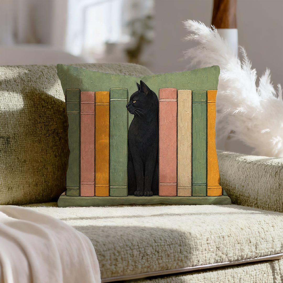Bookshelf Tenant – Cat Decor with a Shelf Gap Where Tolstoy Lived – Throw Pillow