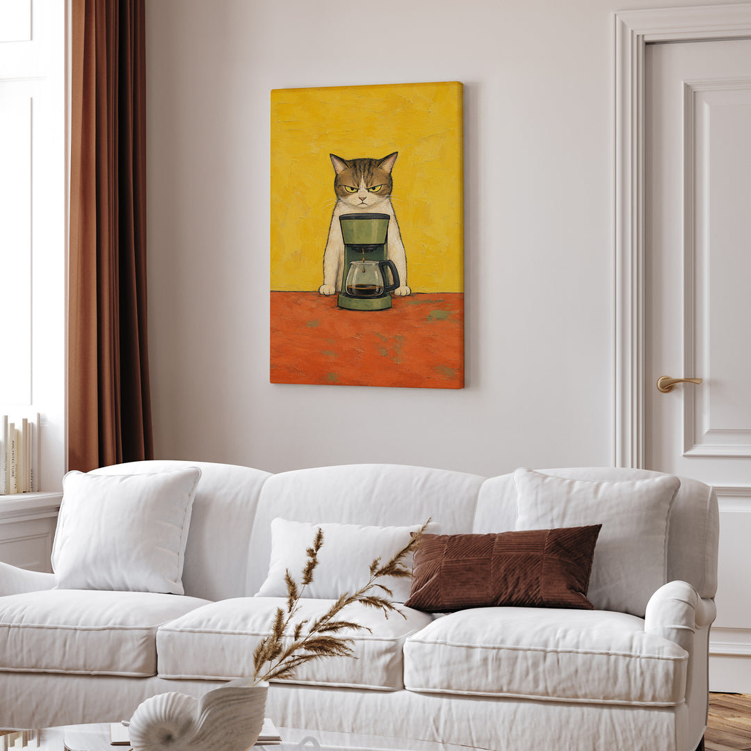 Before Coffee: Cat Edition – Coffee Wall Art with a Dripping Maker and a Glare – Canvas / Framed Canvas