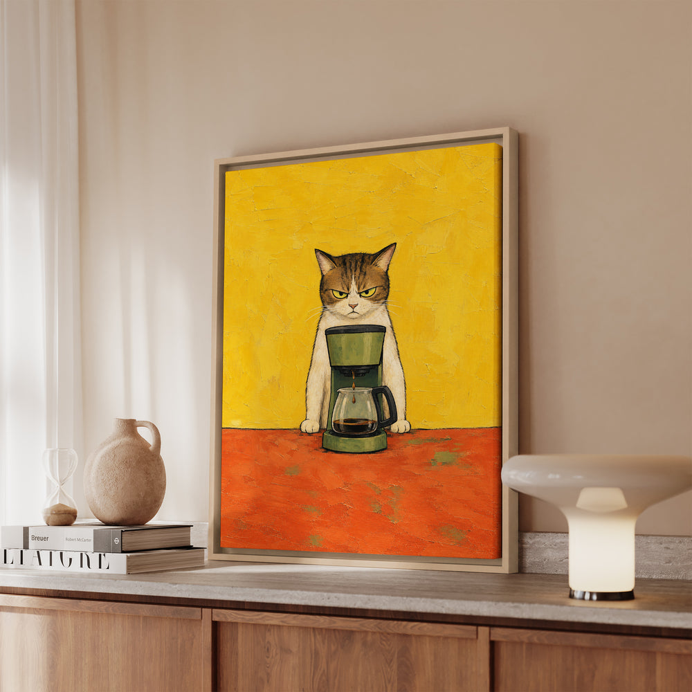 Before Coffee: Cat Edition – Coffee Wall Art with a Dripping Maker and a Glare – Canvas / Framed Canvas