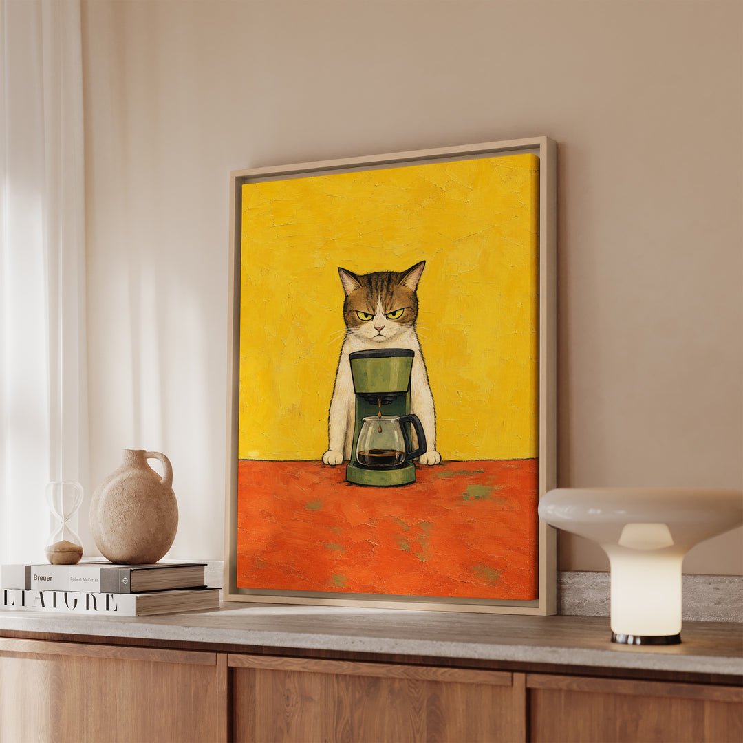 Before Coffee: Cat Edition – Coffee Wall Art with a Dripping Maker and a Glare – Canvas / Framed Canvas