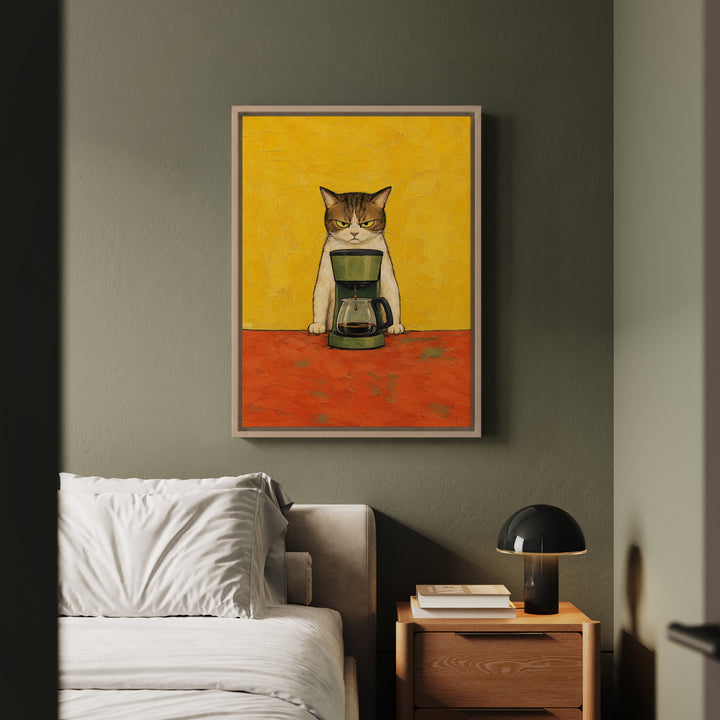 Before Coffee: Cat Edition – Coffee Wall Art with a Dripping Maker and a Glare – Canvas / Framed Canvas
