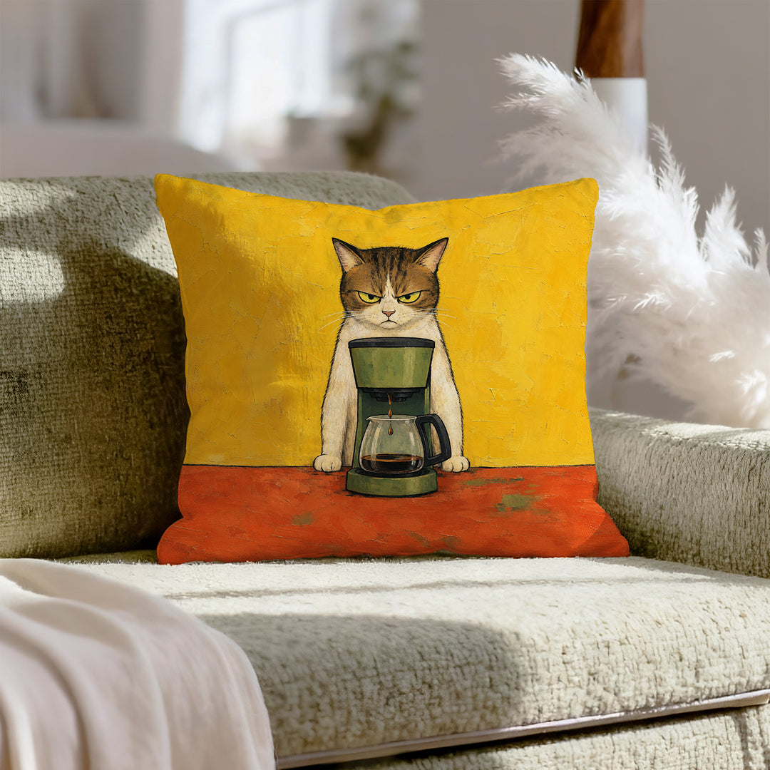 Before Coffee: Cat Edition – Coffee Wall Art with a Dripping Maker and a Glare – Pillow / Cover
