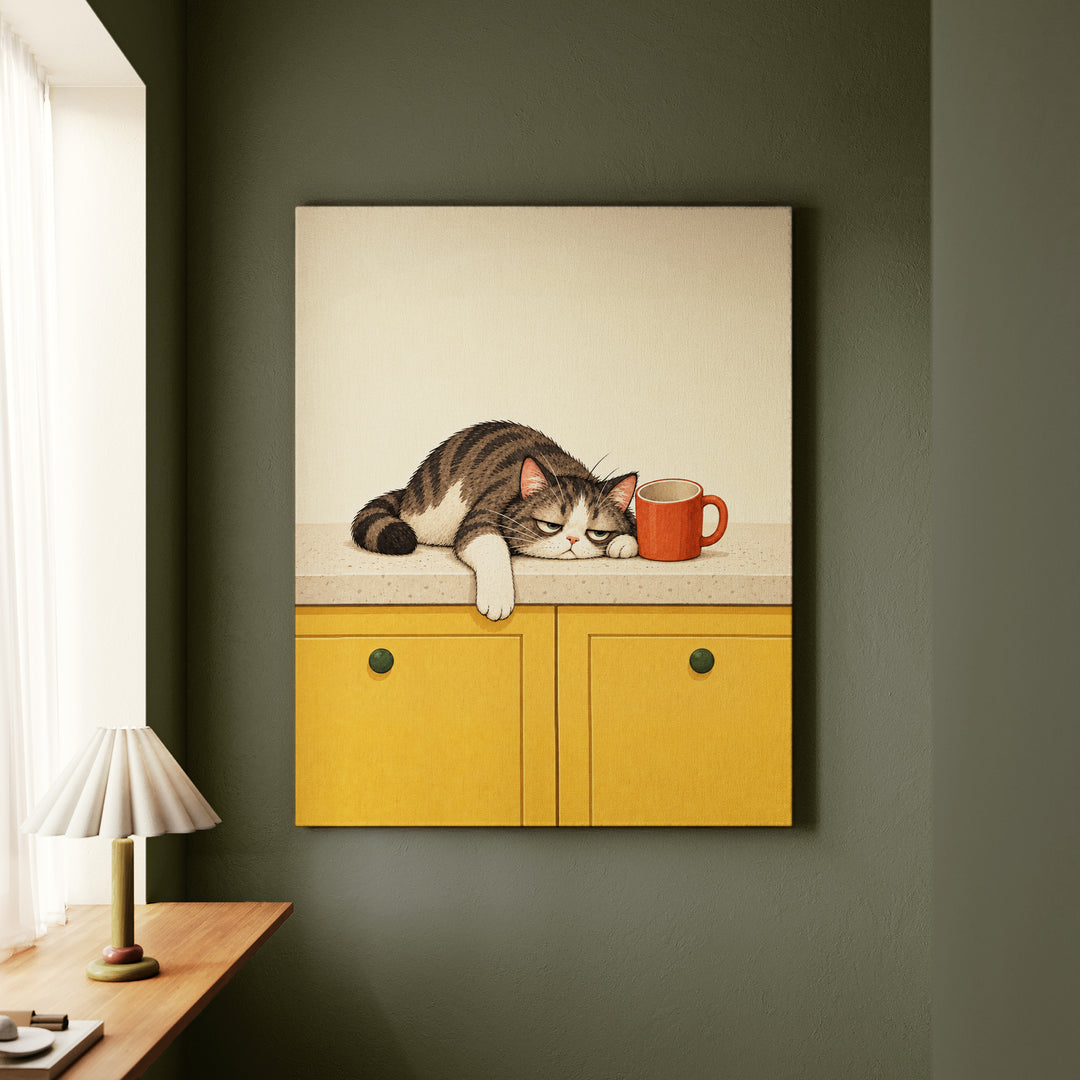 Before Coffee: Cat Edition II – Funny Kitchen Art with a Counter Slump and Empty Mug – Canvas Wall Art