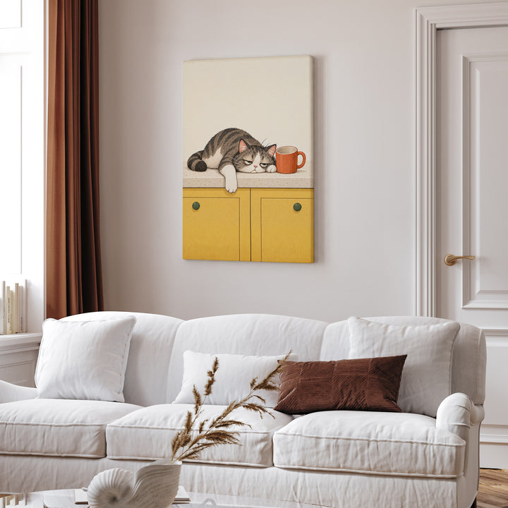 Before Coffee: Cat Edition II – Funny Kitchen Art with a Counter Slump and Empty Mug – Canvas Wall Art