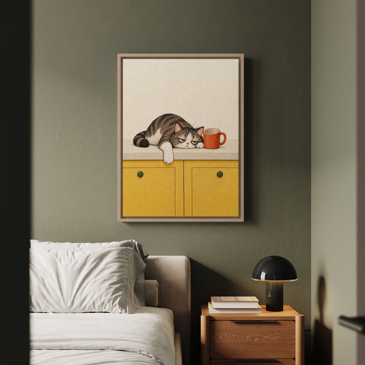 Before Coffee: Cat Edition II – Funny Kitchen Art with a Counter Slump and Empty Mug – Canvas / Framed Canvas