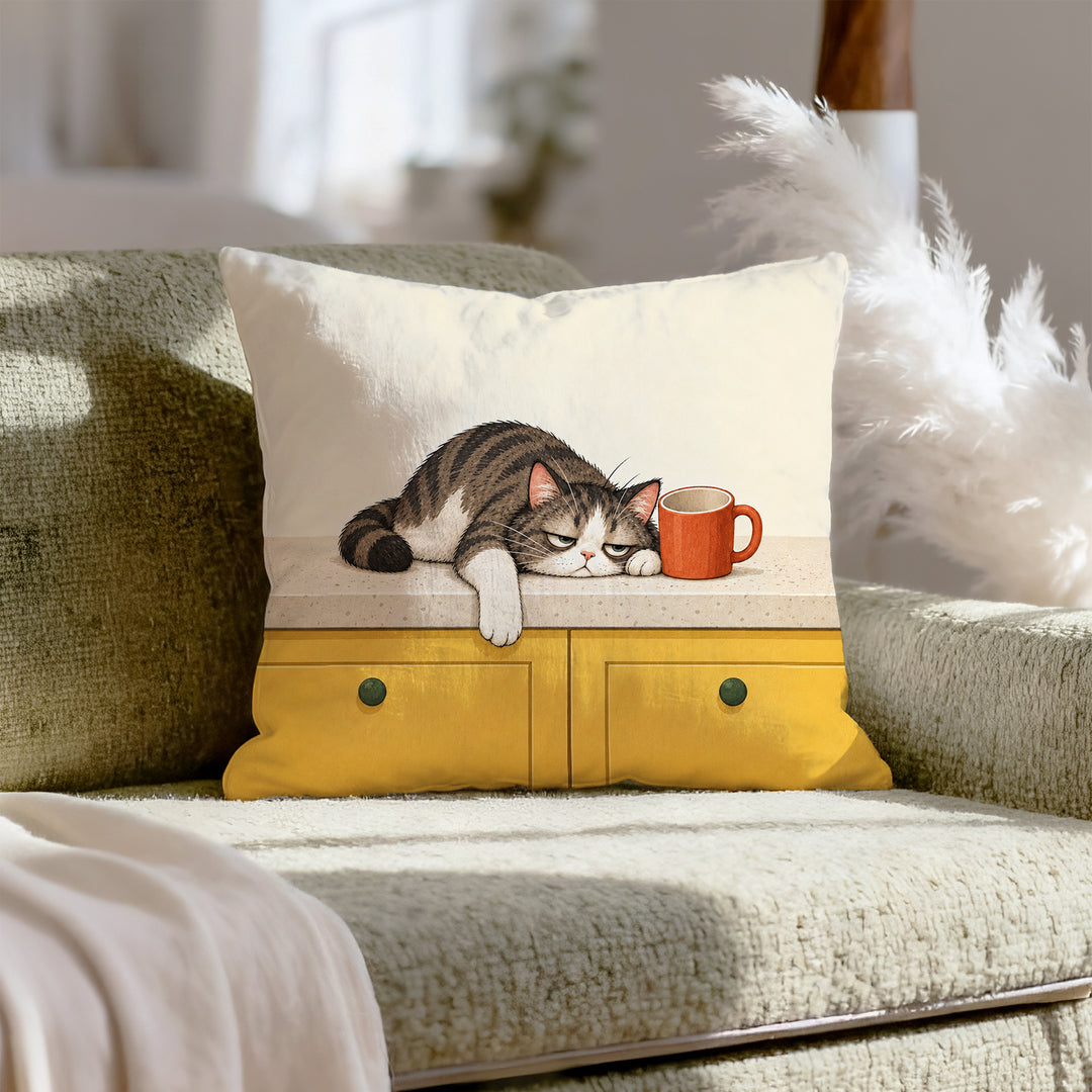 Before Coffee: Cat Edition II – Funny Kitchen Decor with a Counter Slump and Empty Mug – Throw Pillow