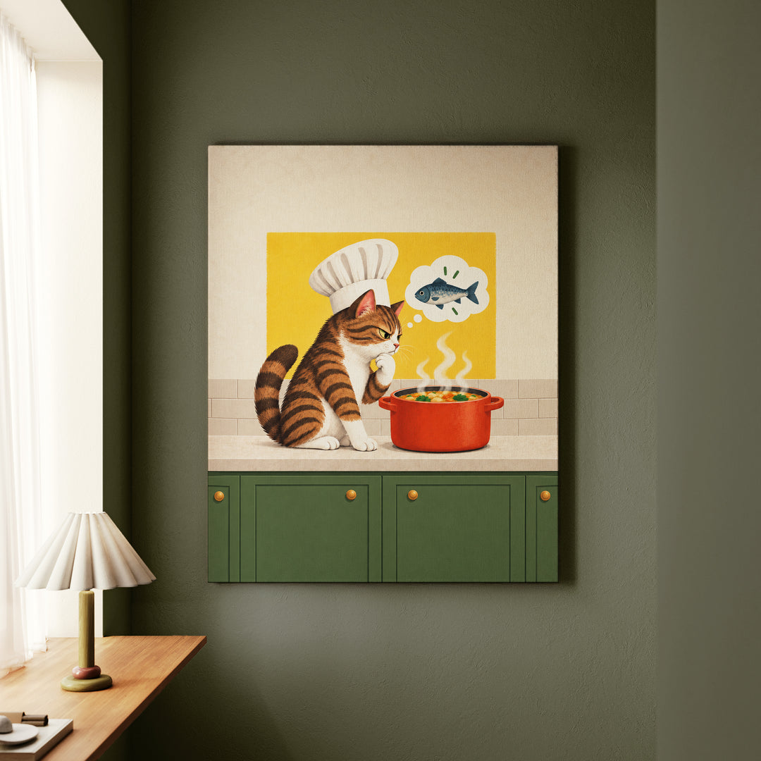 Head Chef II – Funny Kitchen Art with a Toque and a Simmering Pot – Canvas / Framed Canvas