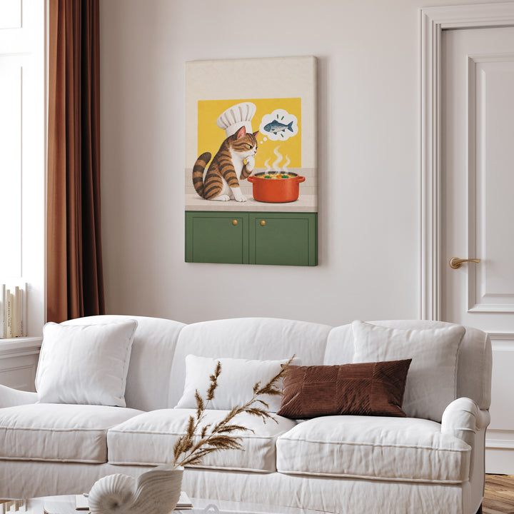 Head Chef II – Funny Kitchen Art with a Toque and a Simmering Pot – Canvas / Framed Canvas