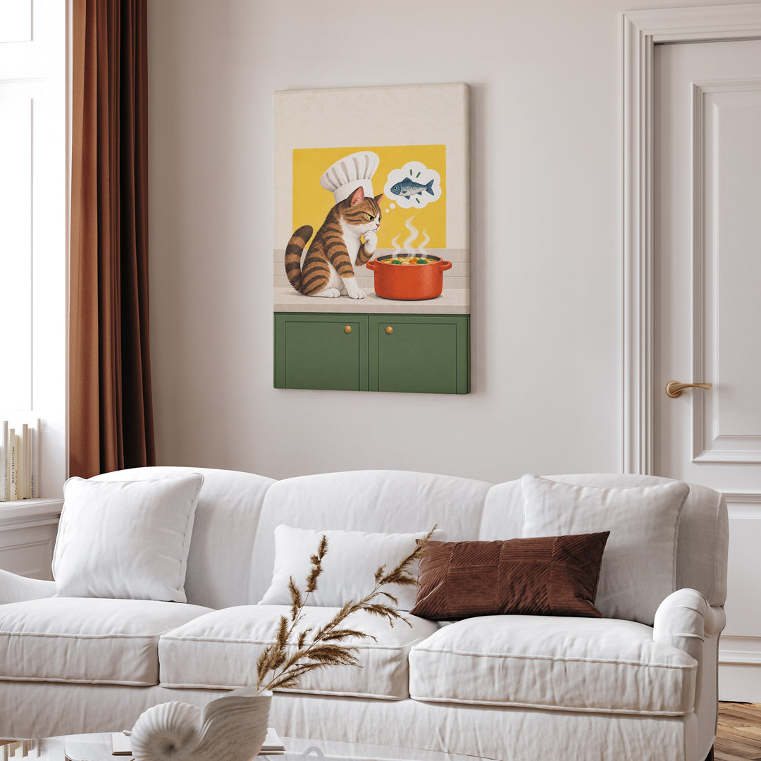 Head Chef II – Funny Kitchen Art with a Toque and a Simmering Pot – Canvas Wall Art