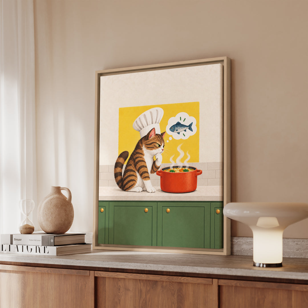 Head Chef II – Funny Kitchen Art with a Toque and a Simmering Pot – Canvas / Framed Canvas