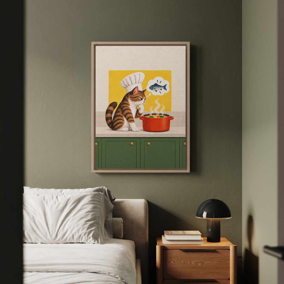 Head Chef II – Funny Kitchen Art with a Toque and a Simmering Pot – Framed Canvas Wall Art