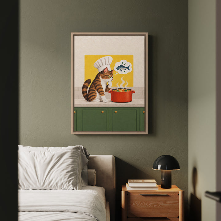 Head Chef II – Funny Kitchen Art with a Toque and a Simmering Pot – Canvas / Framed Canvas