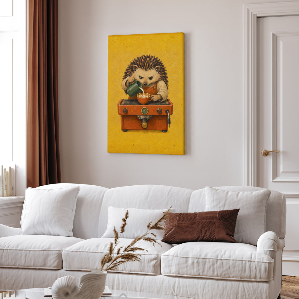 Barista Hedgehog – Coffee Bar Art with a Spiky Server Pouring Foam – Canvas Wall Art