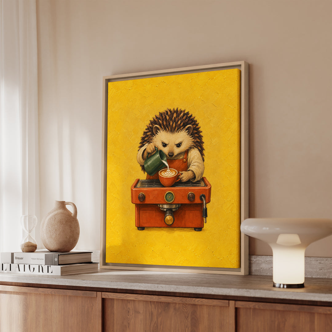 Barista Hedgehog – Coffee Bar Art with a Spiky Server Pouring Foam – Framed Canvas Wall Art