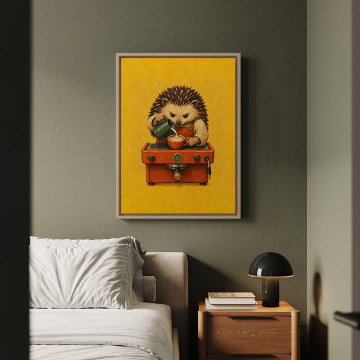 Barista Hedgehog – Coffee Bar Art with a Spiky Server Pouring Foam – Framed Canvas Wall Art