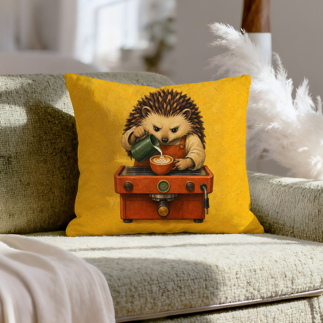 Barista Hedgehog – Coffee Bar Decor with a Spiky Server Pouring Foam – Throw Pillow