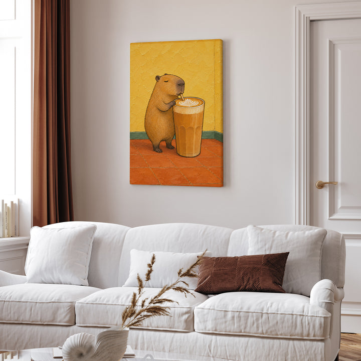 Latte Capybara – Coffee Wall Art with a Calm Rodent in a Sunlit Cafe – Canvas Wall Art