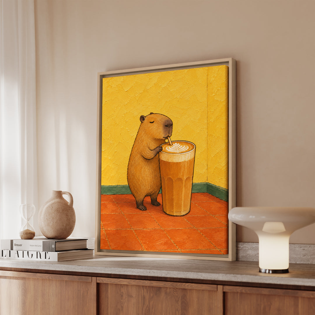 Latte Capybara – Coffee Wall Art with a Calm Rodent in a Sunlit Cafe – Canvas / Framed Canvas