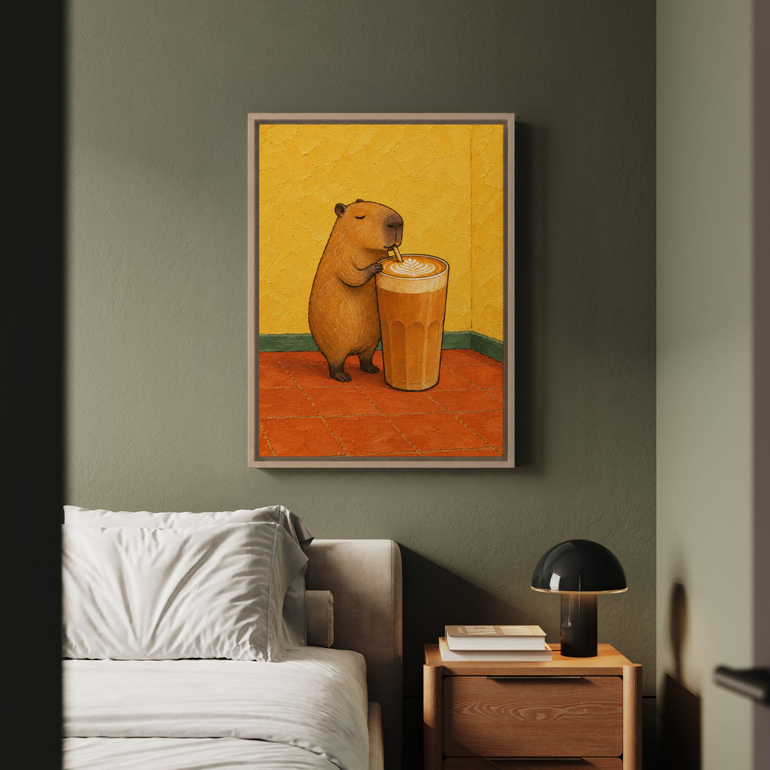 Latte Capybara – Coffee Wall Art with a Calm Rodent in a Sunlit Cafe – Canvas / Framed Canvas