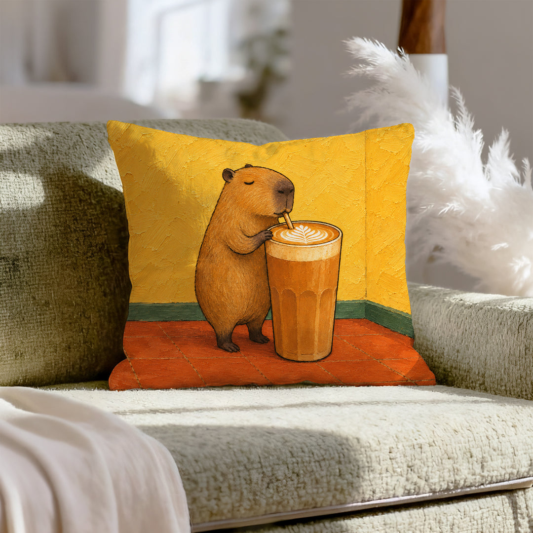 Latte Capybara – Coffee Decor with a Calm Rodent in a Sunlit Cafe – Throw Pillow