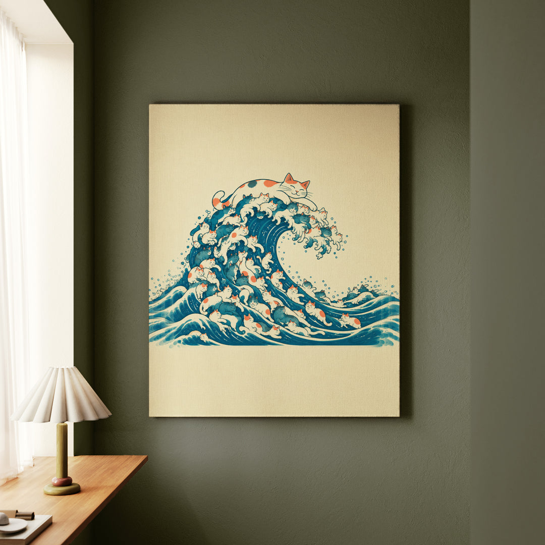 The Great Wave of Fur – Whimsical Wall Art with a Woodblock Swell of Cats – Canvas / Framed Canvas