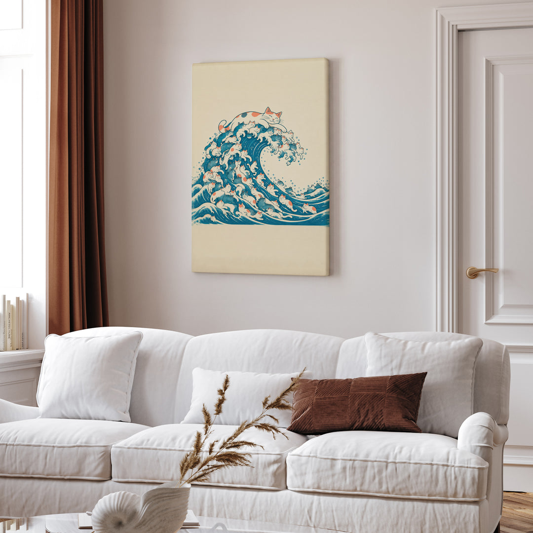 The Great Wave of Fur – Whimsical Wall Art with a Woodblock Swell of Cats – Canvas / Framed Canvas