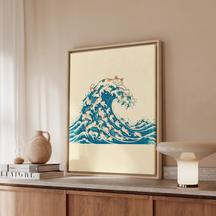 The Great Wave of Fur – Whimsical Wall Art with a Woodblock Swell of Cats – Canvas / Framed Canvas