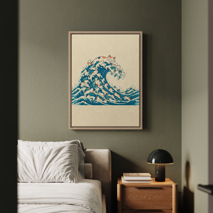 The Great Wave of Fur – Whimsical Wall Art with a Woodblock Swell of Cats – Canvas / Framed Canvas