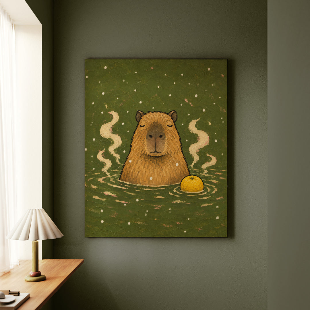 Onsen Master – Capybara Art with a Steaming Hot Spring and Snow – Canvas / Framed Canvas