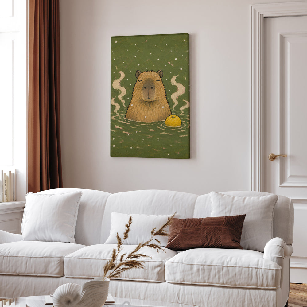 Onsen Master – Capybara Art with a Steaming Hot Spring and Snow – Canvas Wall Art