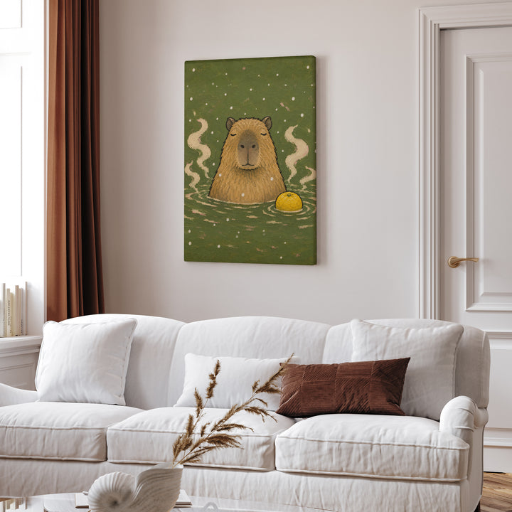 Onsen Master – Capybara Art with a Steaming Hot Spring and Snow – Canvas Wall Art