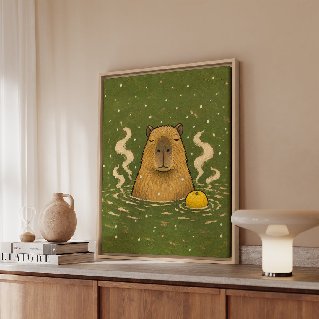 Onsen Master – Capybara Art with a Steaming Hot Spring and Snow – Canvas / Framed Canvas