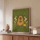 Onsen Master – Capybara Art with a Steaming Hot Spring and Snow – Framed Canvas Wall Art