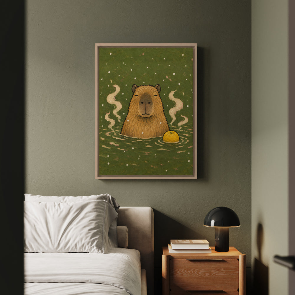 Onsen Master – Capybara Art with a Steaming Hot Spring and Snow – Framed Canvas Wall Art