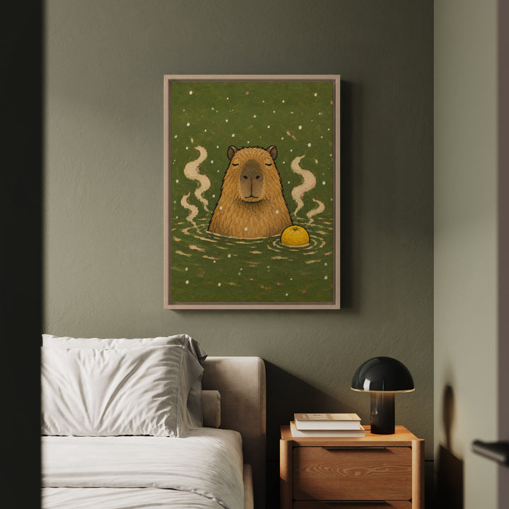 Onsen Master – Capybara Art with a Steaming Hot Spring and Snow – Canvas / Framed Canvas
