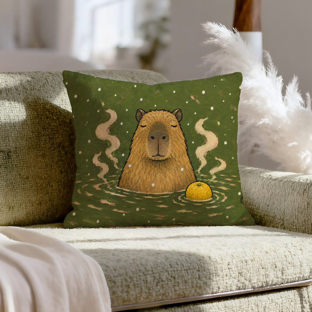 Onsen Master – Capybara Decor with a Steaming Hot Spring and Snow – Pillow Cover