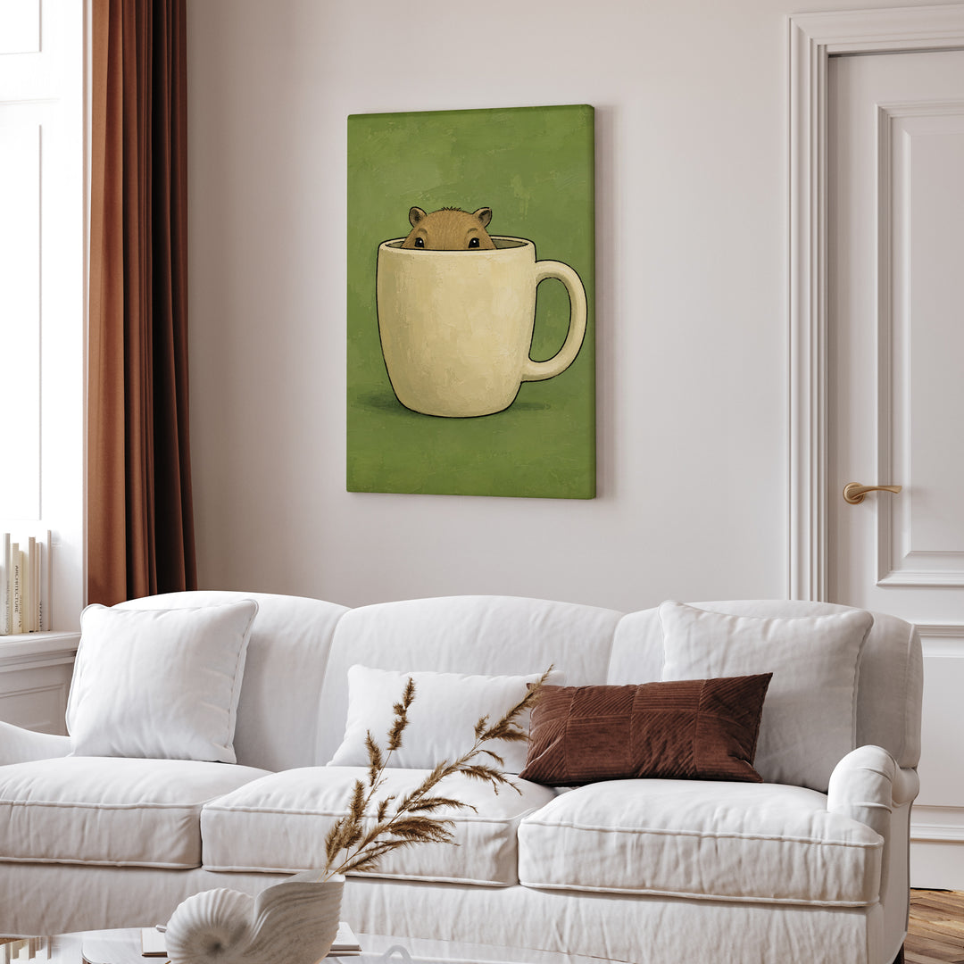 Capy Mug Shot – Capybara Wall Art with a Peek Over an Oversized Rim – Canvas Wall Art