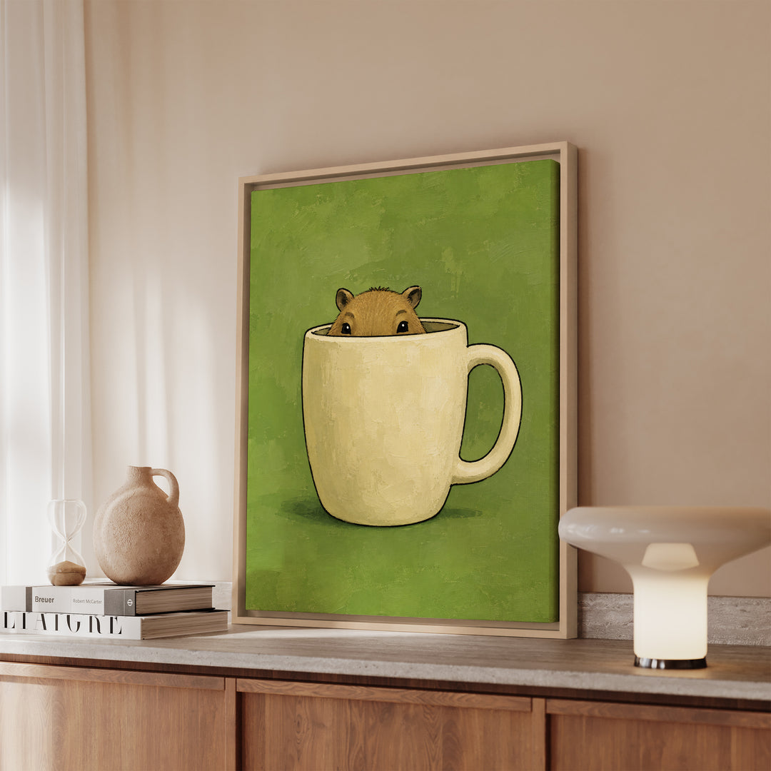 Capy Mug Shot – Capybara Wall Art with a Peek Over an Oversized Rim – Framed Canvas Wall Art